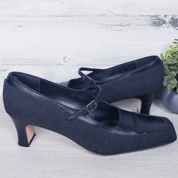 Vintage Shoes - Vintage square toe mixed fabric Mary Jane Heel